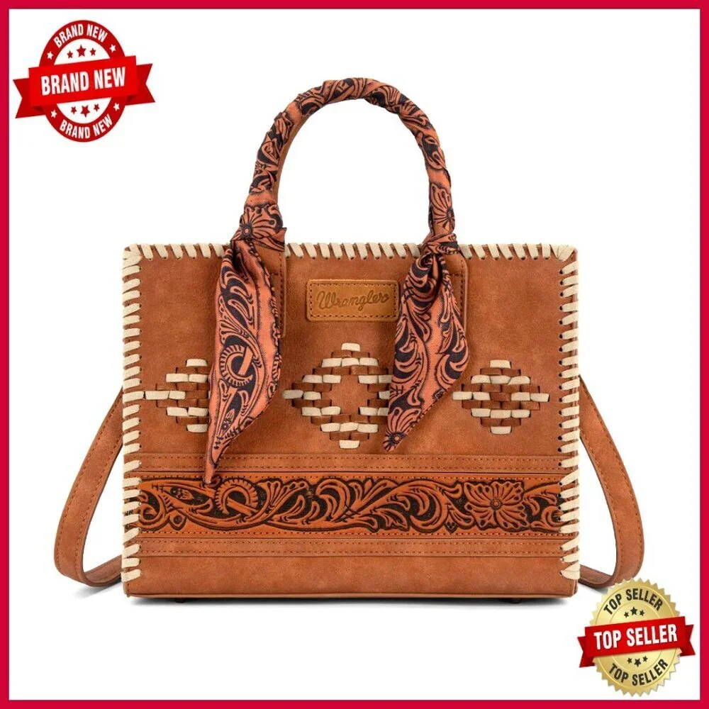Leather Western Satchel Tote with Adjustable Strap, Multiple Compartments